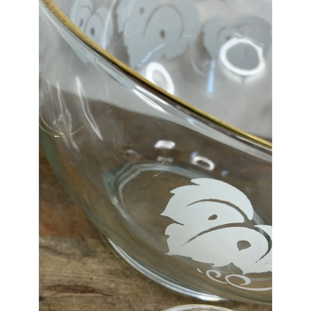 Vintage Anchor Hocking Glass Punch Bowl Grape Leaves Silver Rimmed 9 Piece
